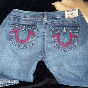 True Religion Blue and Red Jeans with Horseshoe Design